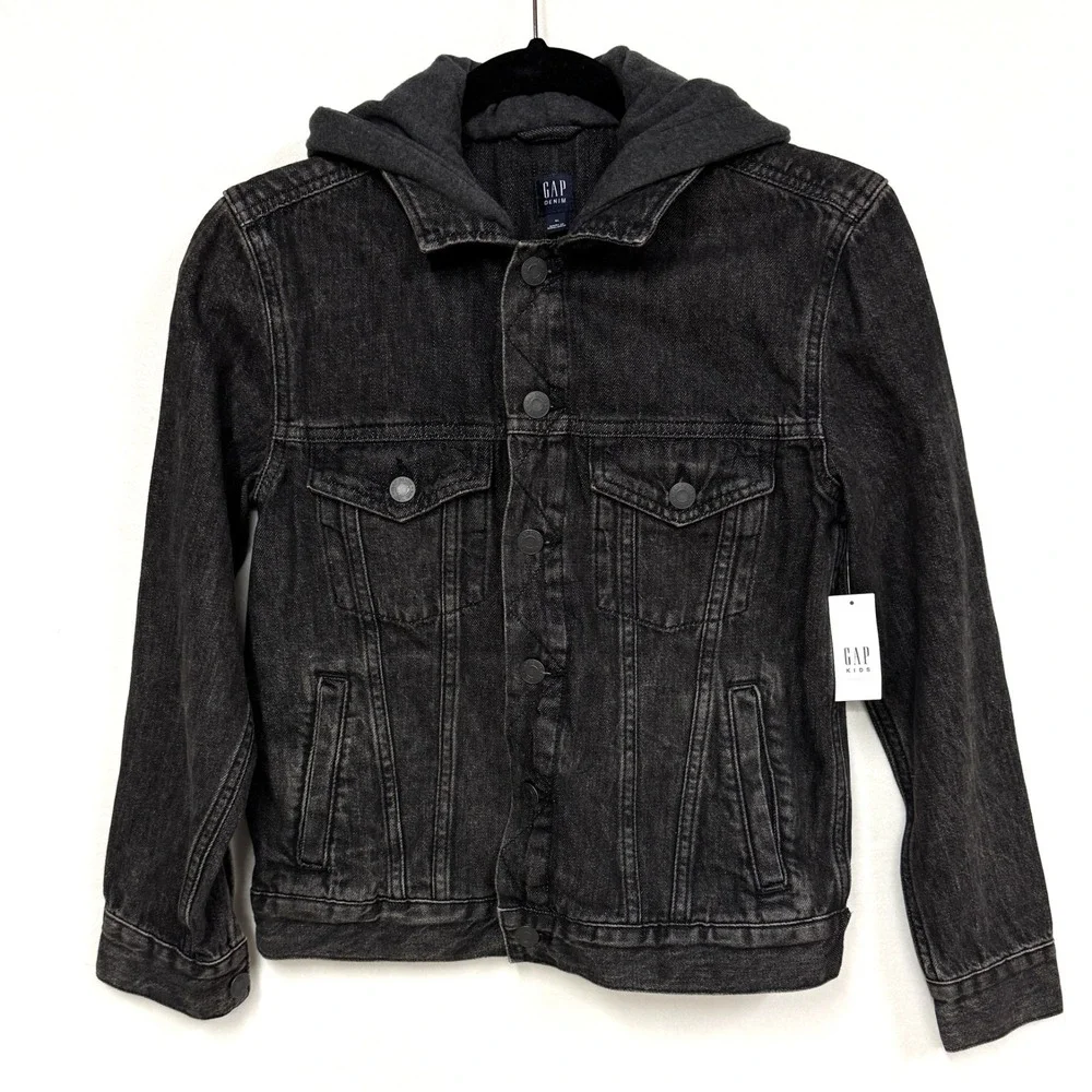 Gap Kids Size XL (12), Washed Black Denim Jacket Jersey Hood Classic Trucker NEW